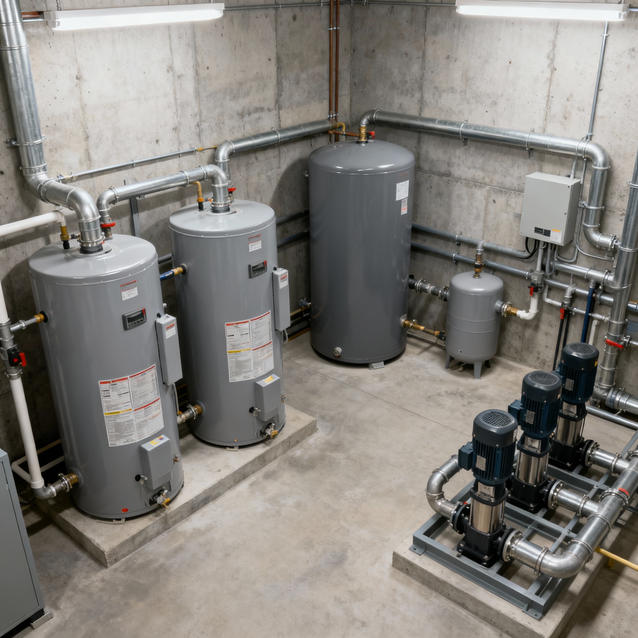 Professional mechanical room installation with water heaters and pumps in new construction